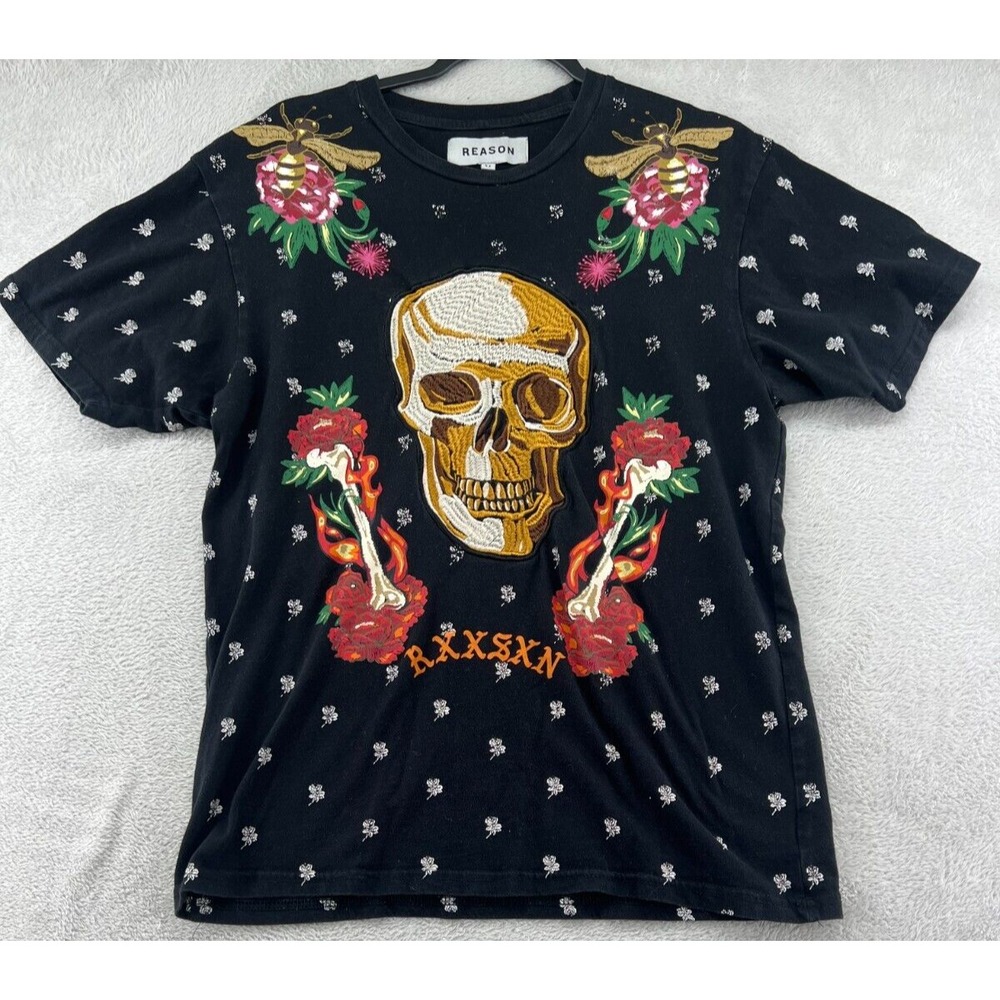 Reason Shirt Men's Medium Tee Skull Rose Bee Embroidered Black Short Sleeve